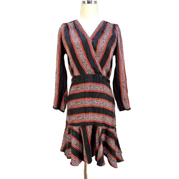 Veronica Beard Ivy Flounce Silk Mini Dress Printed Striped Long Sleeve Black Red - Picture 2 of 11